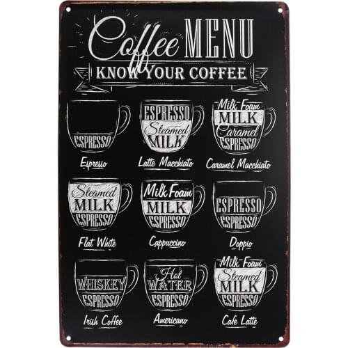 1Pcs Vintage Coffee Menu Tin Sign Plaque Metal Art Poster Bar Pub Cafe Home Bar Decorative Wall Decor Metal Poster