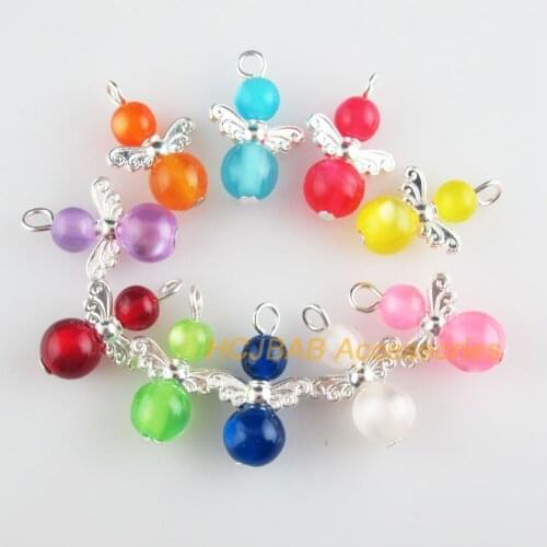 20 New Angel Charms Silver Plated Mixed Stone Oval Pendants 14x22mm