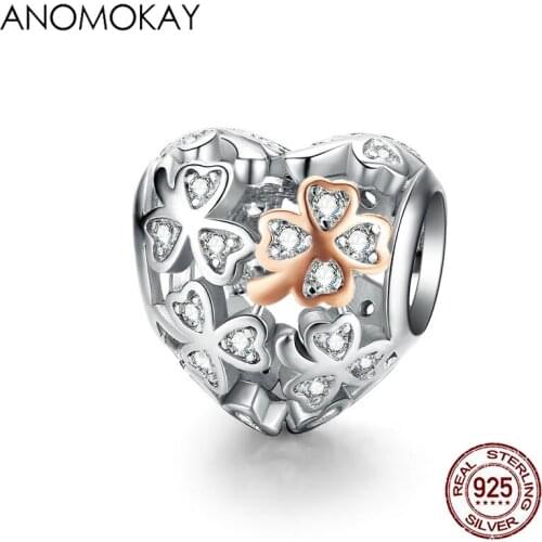 Anomokay Romantic Clover Heart Shape Bead fit Bracelet Bangle 3 mm Rose Gold Color Plant Heart Charm 925 Sterling Silver Jewelry