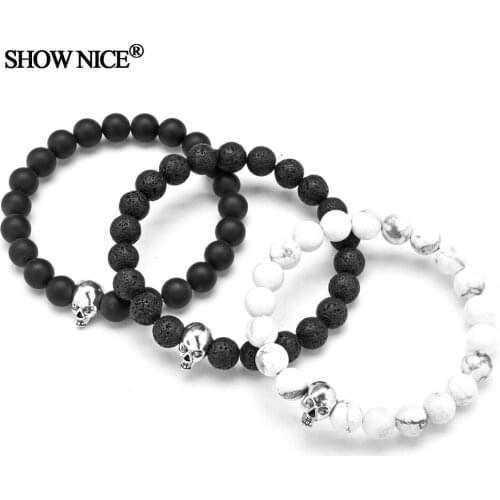 Couples Distance Skull Alloy Natural Stone Lava Rock White Howlite Matte Black Onyx Lucky Bangles SHOW NICE Bracelets