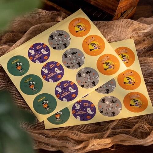 ICraft 108pcs Cute Circle Halloween Paper Seal Sticker Cat Witch Ghost Lable Party Treat Gift Decoration Cookie Packaging Supply