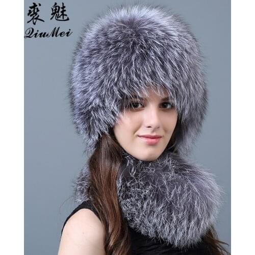Womens Real Fur Scarf Hat Sets for Rrssian Winter Scarf and Hat 2018 Fur Fashion Natural Fox Fur Hat and Scarf Set Female