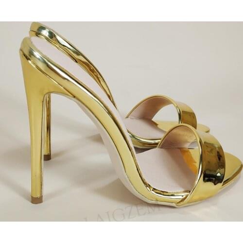 LAIGZEM Women Slides Open Toe Gold Silver Stiletto High Heels Pumps Prom Wedding Party Shiny Shoes Woman Big Size 41 44 47