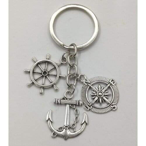 Hot Sale Fashion Vintage Silver Alloy Compass & Anchor Charms KeyChain Bag Decoration For Car Key Ring Jewelry Gift