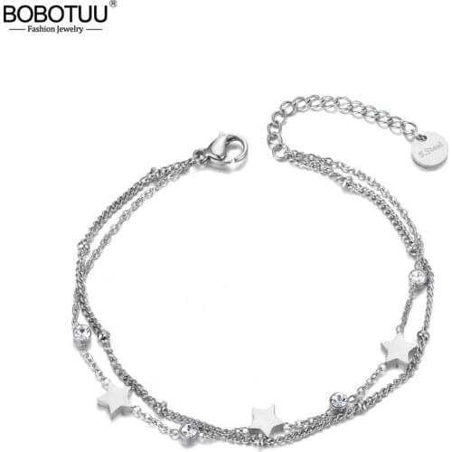 BOBOTUU New Double Layer CZ Ctystal Star Charm Bracelet For Women Stainless Steel Bohemia Chain Link Bracelets Jewelry BB19080