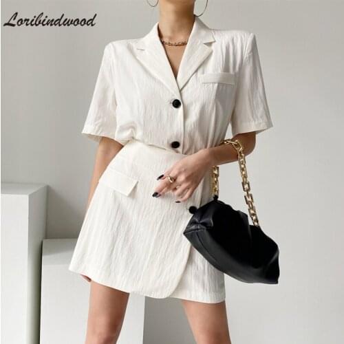 Loribindwood Chic Fashion Summer Women 2 Pieces Blazer Set Short Sleeve Jackets & High Waist Shorts Elegant Ladies Solid