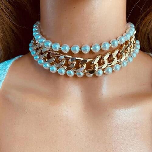 Punk layered metal chain gold necklace large pendant, womens heart-shaped imitation pearl metal jewelry wholesale