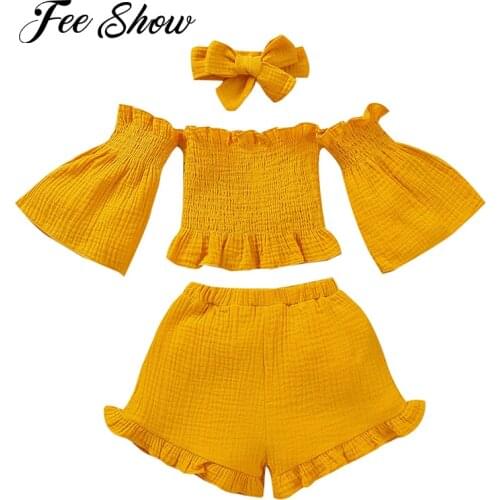 Fashion Toddler Girls Summer 3pcs Outfits Infant Kids Solid Off Shoulder Flare Sleeve Ruffle Tops + Shorts + Headband