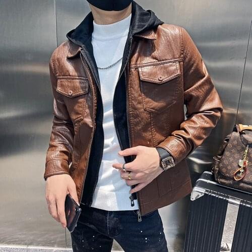 2021 Mens Hooded Leather Jacket Faux Leather Autumn Motorcycle Leather Jacket Mens Slim Leather Coat 4XL