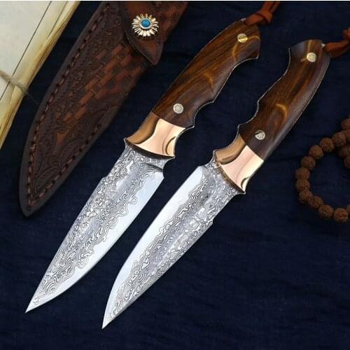 Damascus steel Brass and Desert Ironwood Handle hunting knife Strong outdoor straight knife High hardness camping Handmade knife