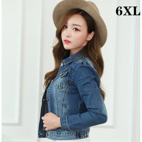 Autumn Spring 6XL Short Women Denim Jean Jacket Large Size Elastic Cotton Oversize Denim Jackets Slim Female Top Coats Plus Size