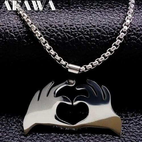 2021 Gesture Heart Stainless Steel Necklaces & Pendants for Women Jewelry Silver Color Long Necklace Jewelry bijoux N18072