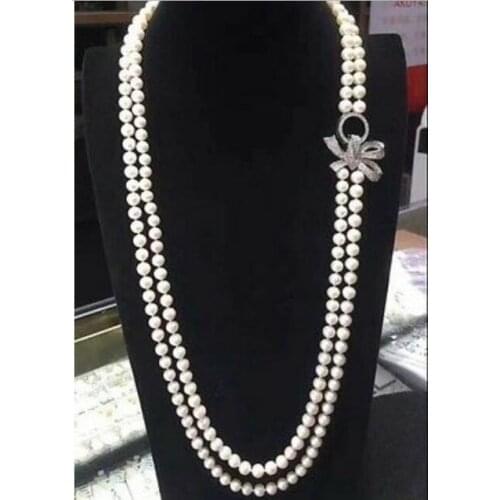 Double strands stunning 9-10mm round south sea white pearl necklace 22-24inch