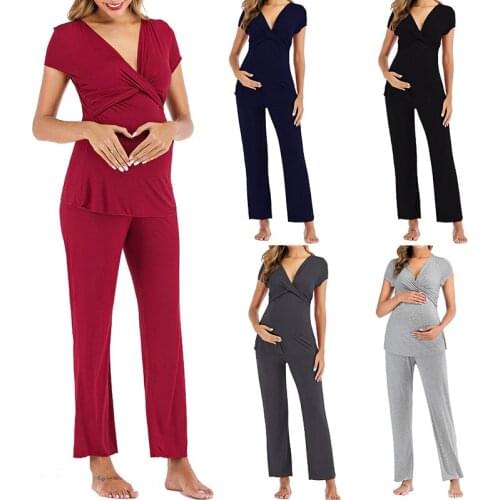 V Neck Maternity Pajama Set Pregnant Women Short Sleeve Breastfeeding T-Shirt Adjustable Long Pants Pajamas Sleepwear Lounge Set