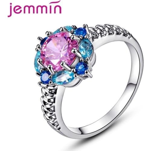 Latest Fashion Trend Genuine 925 Sterling Silver Wedding Rings Colorful Crystal Round Rings With Clear Carved Veins Top Sale