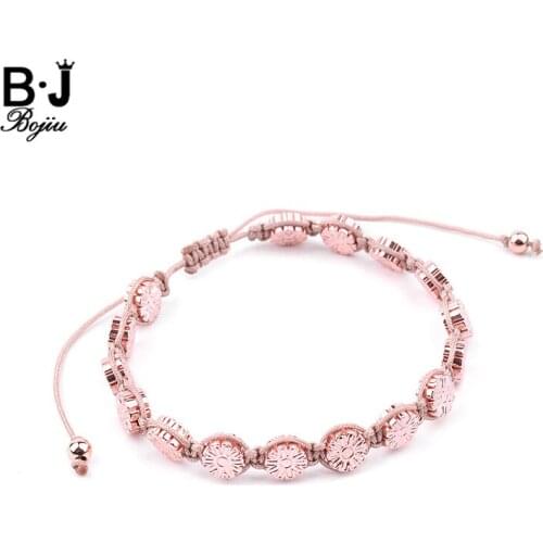 BOJIU Adjustable Rose Gold Flower Hematite Rondelle Rope Bracelets Jewelry Women Handmade Fashion Braided Roped Bracelet BC296