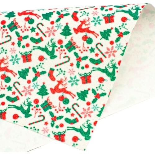 Christmas Theme Printed Synthetic Glitter Leather for Party Decoration Gift Wrapping Hair Bows DIY Art Crafts,22*30cm