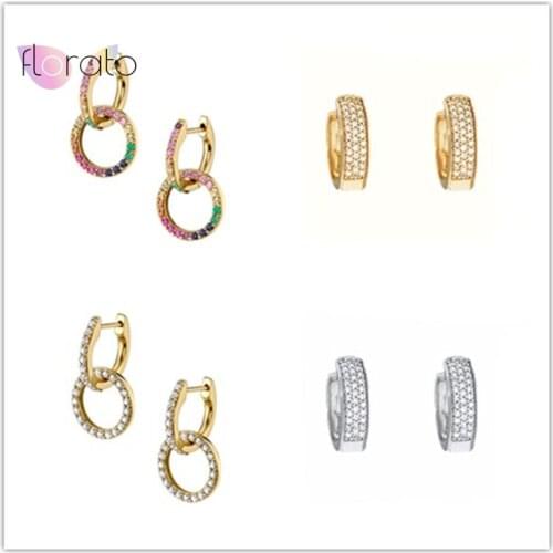 925 Sterling Silver Ear Buckle Geometry Earrings Double Circle Hoop Earrings for Women Colorful Crystal Hanging Earrings Jewelry