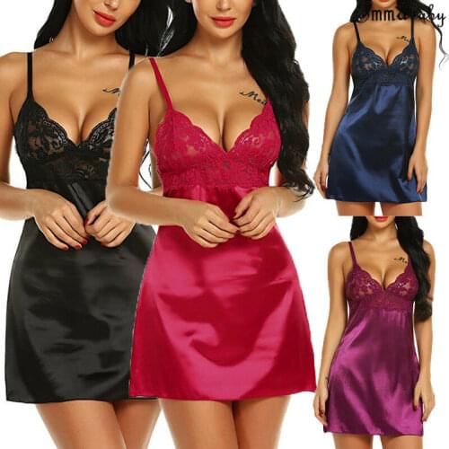 Womens Night Short Dress Nightgown Satin Silk Lace Lingerie Pajamas Sleepwear Women Dress 2021 Summer Sexy Underwear XL