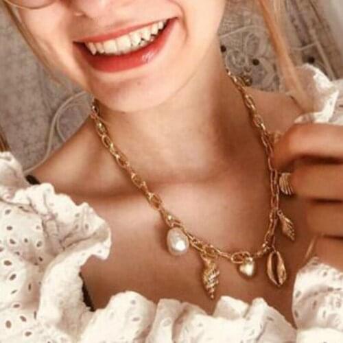 1 Pcs Bohemian Fashion Necklaces Pearl Shell Conch Heart Pendant Gold Necklace Women Vintage Party Jewelry Accessories