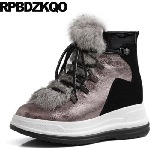 10 Furry Real Fur Plush Fluffy Sheepskin Harajuku Shoes Women Ankle Boots Medium Heel Flatform Leather Booties Big Size Black