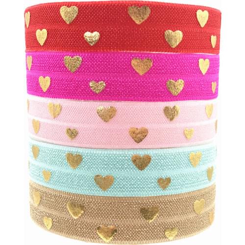 10yards 15mm Gold Foil Love Heart Print Fold Over Elastic FOE Ribbon Diy Headwear tie Sewing Wedding Decoration Accessories