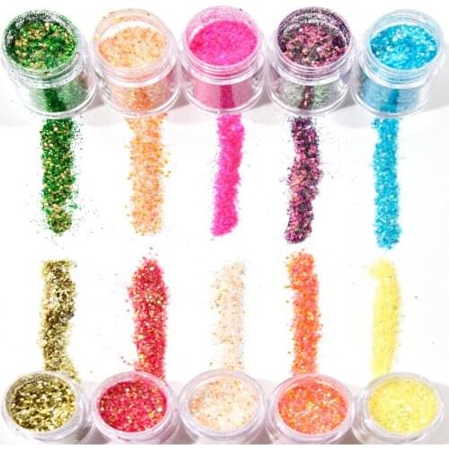 1Pot-10ml Chunky Nail Glitter Sequins Mix Size 0.2-3mm Hexagon Glitter laser gradient powder for Hair Eye Face Body Nail Glitter