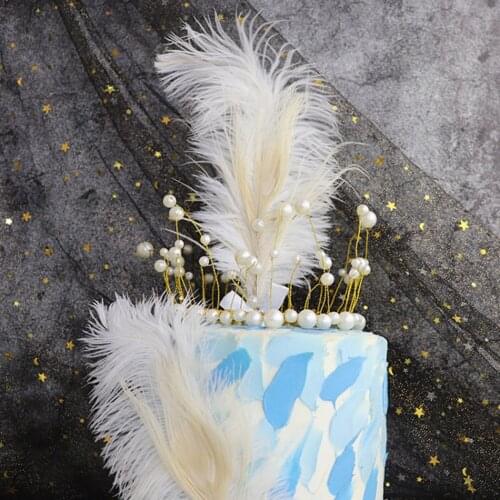 2 PCS Cake Topper Natural Feather Pearls Cake Decor Birthday Wedding Party Inserted Flag Feather