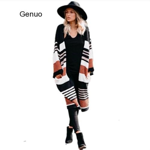 2020 Women Sweater Cardigans Striped Color Block Draped Loose Cardigan Long Sleeve Casual Knit Sweater Coat Female Plus Size