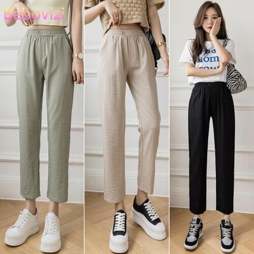 2021 New Cotton Linen Fashion Harem Pants Summer Women High Waist Green Apricot Black Ankle-Length Casual Pants Trousers