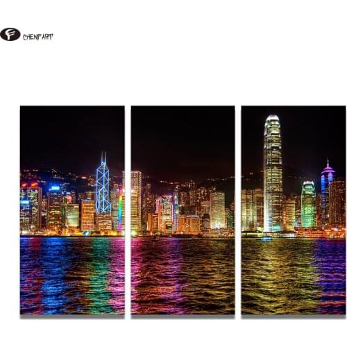 CHENFART 3 Pieces Canvas Painting Hong Kong Nightscape Wall Art Pictures For Living Room Home Decor Landscape No Frame