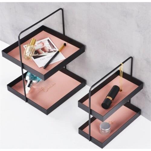Double Layer Leather Metal Storage Tray Makeup Cosmetic Sundries Organizer Rack Storage Box Jewelry Display Home Desktop Decor