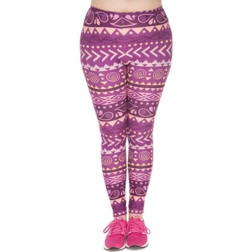 Boho Purple Printed High Waist Leggins Plus Size Trousers Stretch Pants For Plump Large Size Leggings