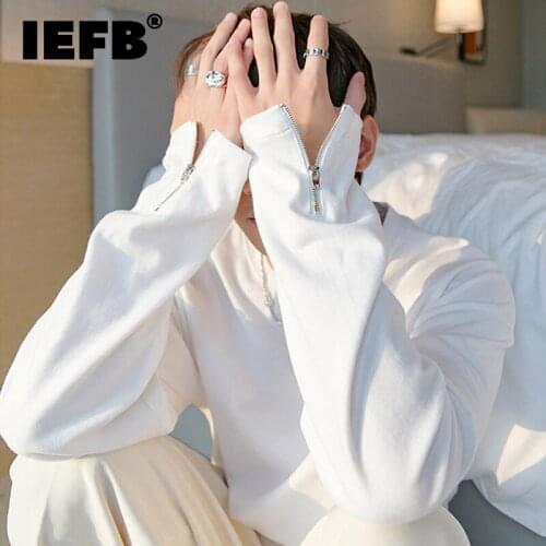 IEFB Mens Long Sleeve T-shirt Zipper With Loose Round Neck Male White Casual Design Tops Autumn New Purple Clothing 9Y9071