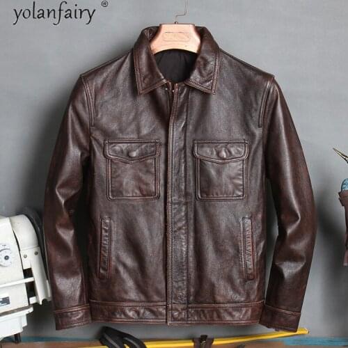 Vintage Genuine Leather Jacket Men Real Cowhide Coat Motorcycle Mens Leather Jackets and Coats Spring 2021 Veste Homme Pph4914