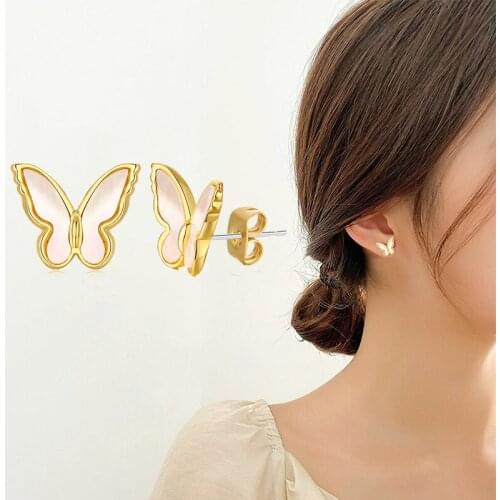 Dainty Butterfly Stud Earrings with Pearl Shell Hypoallergenic Earrings for Women Sensitive Ears