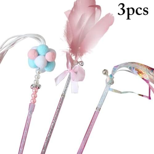 Kapmore 3Pcs/Set Cat Feather Teaser Wand Pom Pom Bell Decor Cat Tassel Wand Pet Interactive Toy Pet Supplies