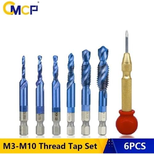 CMCP HSS Thread Tap Set 6pcs M3 M4 M5 M6 M8 M10 Screw Machine Compound Tap With Center Punch Nano Blue Coated Tap Drill Bits