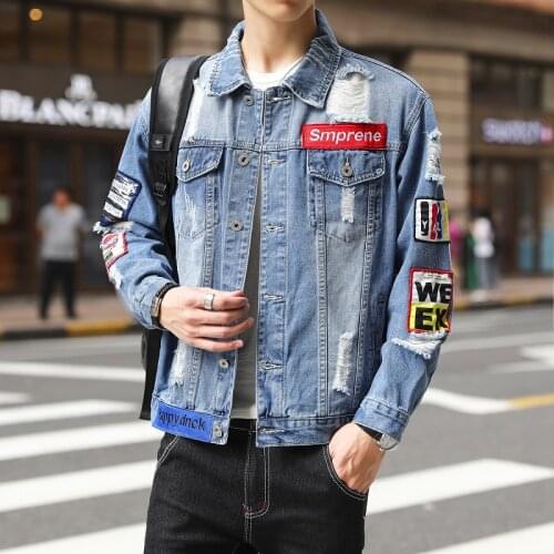 Mens denim jacket 2021 autumn and winter new youth fashion brand handsome pure cotton casual hole embroidery lapel