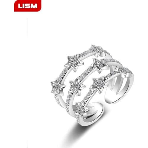 New Fashion Silver Plated i Ring Adjustable Zircon Star Ring Trendy Style Silver Rose Gold Rings for Women Girls Wedding Party