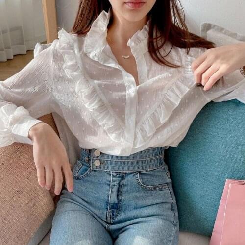 2021 Autumn New Women Long Sleeve Shirt Ruffled Chiffon Blouse Vintage See Through Single Breasted Shirt Ropa De Mujer 15783