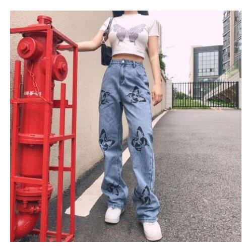 New Retro Women´s Loose Jeans Printing Wide Leg Pants Straight Pants Fashion High Waist Street Style Comfortable Jeans