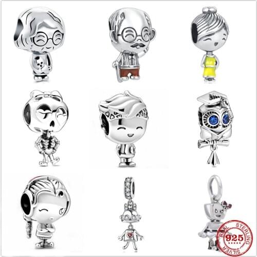 New Grandpa Grandma Boy Girl Owl Robot Pendant Charm Beads Fit Pandora charms silver 925 original bracelet For Women DIY Jewelry