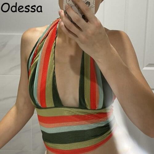 Odessa Summer Ribbed Striped Halter Neck Y2K Crop Top Sexy V Neck Backless Women Sleeveless Patchwork Wrap Tank Tops Beach 2021