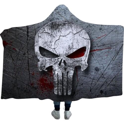 3D Printed Skull Halloween Thicking Hooded Blanket for Adult Gothic Sherpa Fleece Wearable Throw Blanket Microfiber Bedding