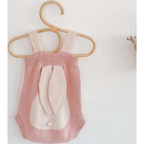 Autumn Baby Girl One-Piece Suit Baby Bodysuit Triangle Crawling Clothes Infant Children Rabbit Ear Color Matching Knitted Outfit
