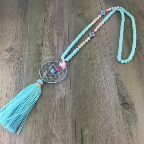 Retro Handmade Dreamcatcher Feathers With Glass Bead Long Chain Necklace Bead Tassel Dream Catcher Necklace