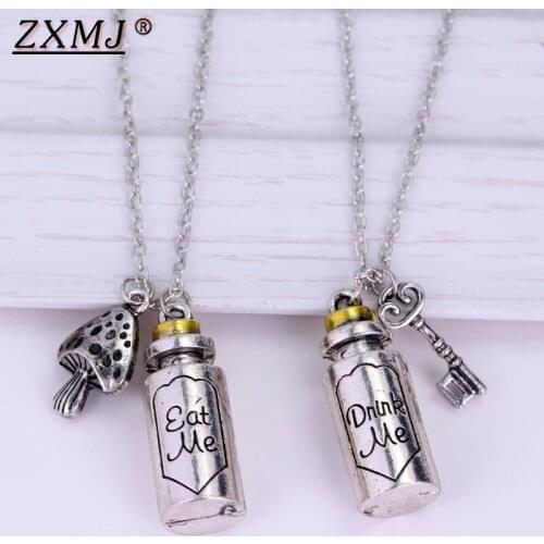 ZXMJ Movie Alice in Wonderland Necklace 2 Styles Eat Me Drink Me Necklace Key Mushroom Bottle Pendant Jewelry Women Fashion Gift
