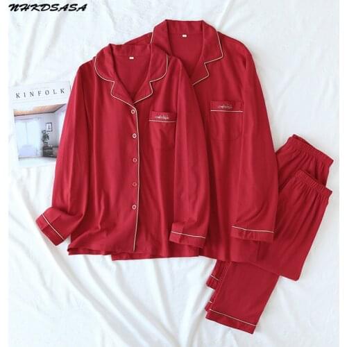 Sleepwear Womens Pijama 2 Piece 100% Cotton Men Couple Knit Pajamas Set Long-Sleeved Trousers Red Home Service Suit Autumn