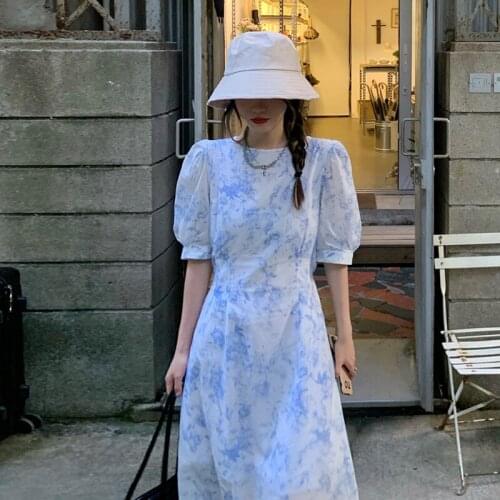 Blue White Dress Female Summer 2021 New French Style Gentle Wind Small Waist Temperament For Womens A-line Long Dresses Korean